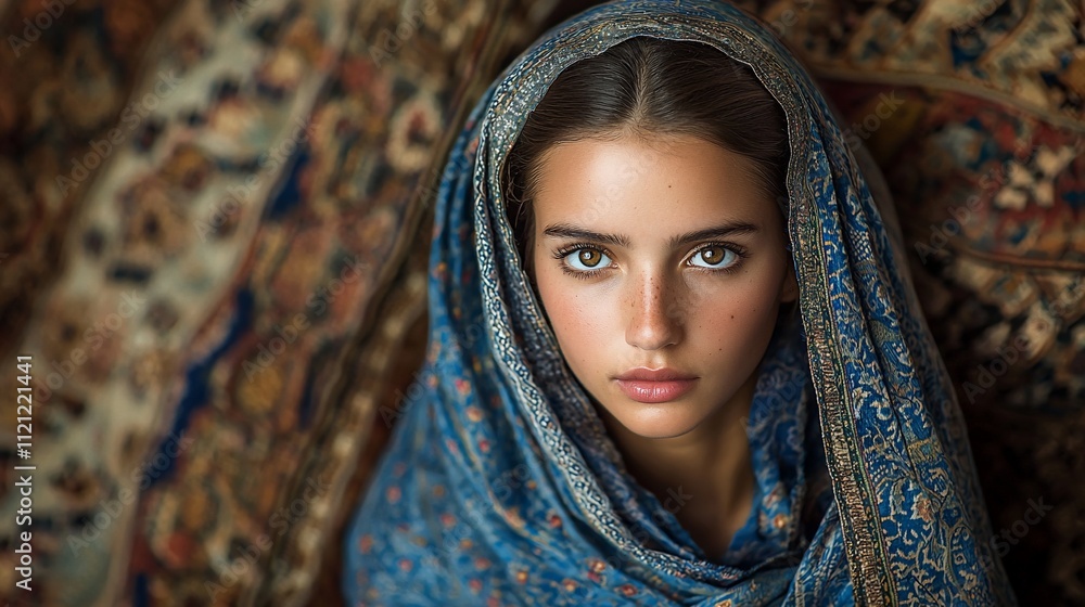 Close-up portrait of a young woman with brown eyes, wearing a blue headscarf against a rug background. Close-up portrait of a young woman with brown eyes, wearing a blue headscarf against a rug background.