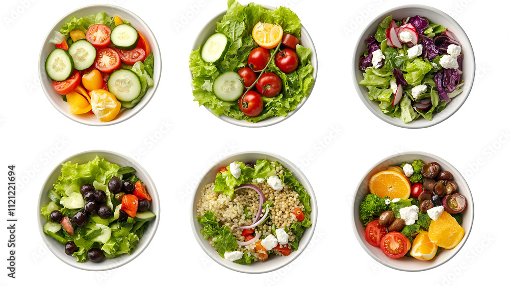 A Colorful Collection of Healthy Salads: Isolated on White Background A Colorful Collection of Healthy Salads: Isolated on White Background