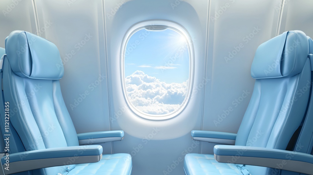 Fototapeta premium Airplane interior featuring two empty seats beside a window with a view of clouds and blue sky.
