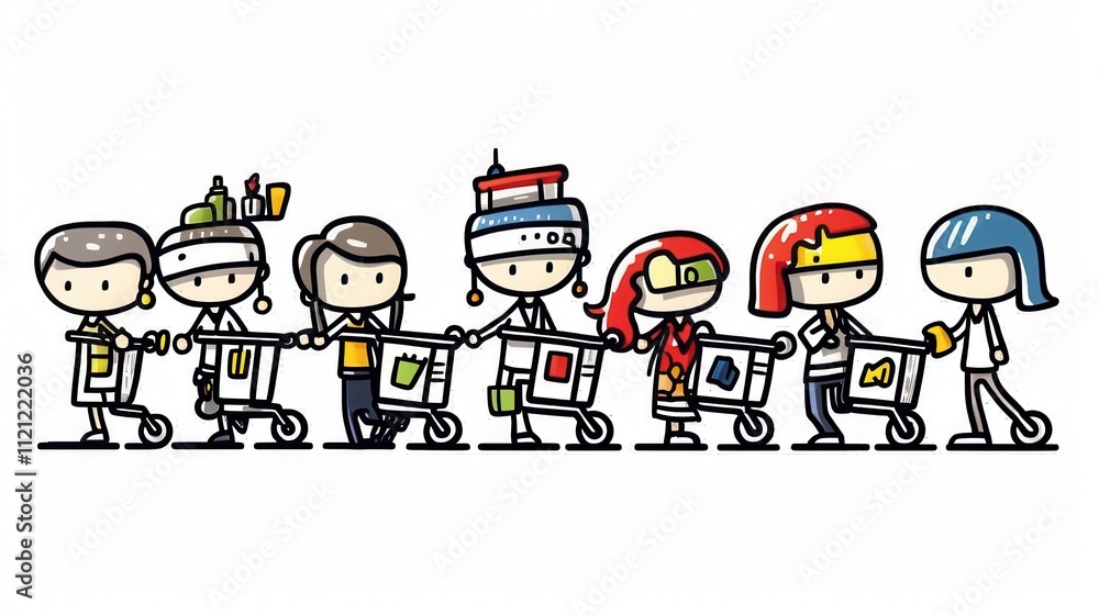 A diverse group of cartoon characters pushing shopping carts filled with various items, showcasing creativity and community spirit. A diverse group of cartoon characters pushing shopping carts filled with various items, showcasing creativity and community spirit.