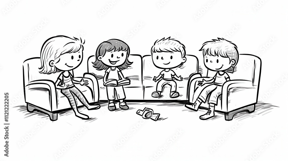 Four children, two boys and two girls, seated on a couch, engaged in playtime with smiles and animated expressions. Four children, two boys and two girls, seated on a couch, engaged in playtime with smiles and animated expressions.