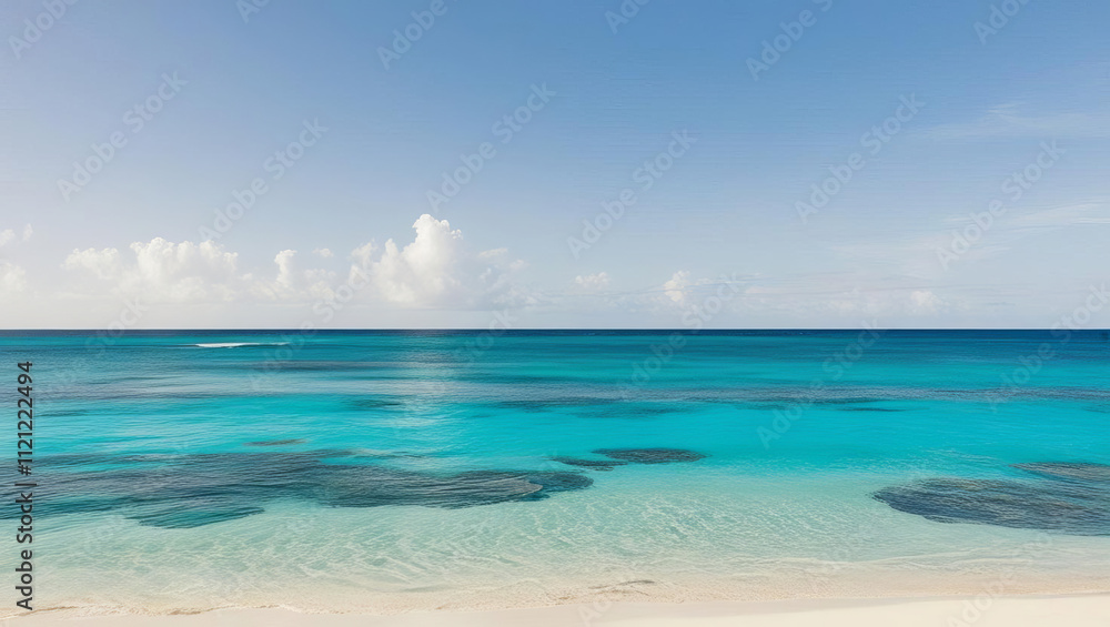 Obraz premium serene tropical beach with crystal clear turquoise water, white sand, and cloudless blue sky