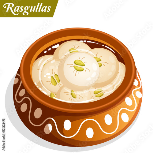 Rasgullas with Pistachios Dipped in Syrup Inside an Earthen Pot. Traditional Festive Indian Sweets Vector Art