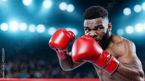 Undefeated Boxer in the Ring: Powerful image of a determined boxer in the ring, ready to strike.  The focus is on his intense expression and powerful stance. Perfect for sports, fitness. photo