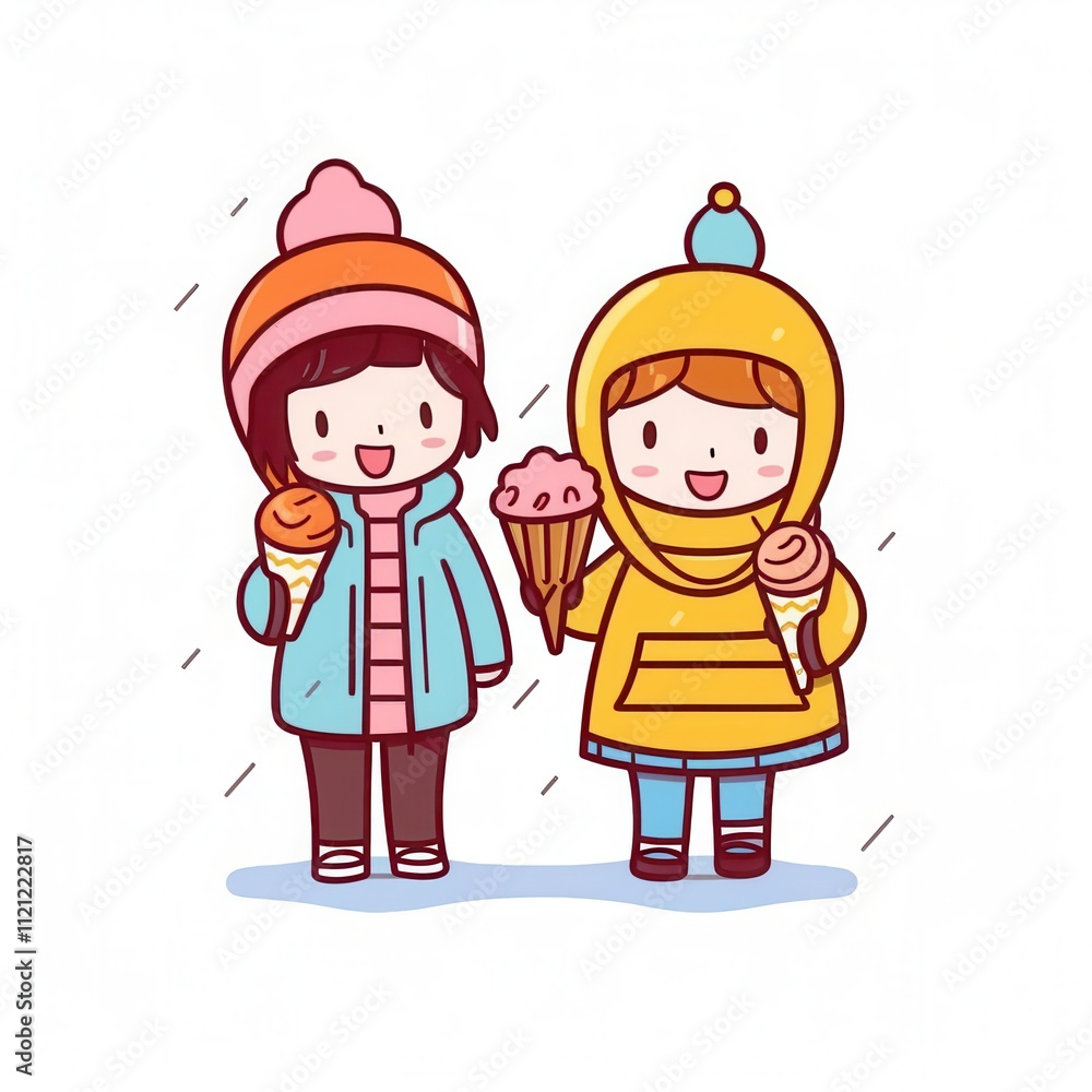 Two cheerful children, one male and one female, enjoying ice cream on a rainy day, dressed in bright winter clothing. Two cheerful children, one male and one female, enjoying ice cream on a rainy day, dressed in bright winter clothing.
