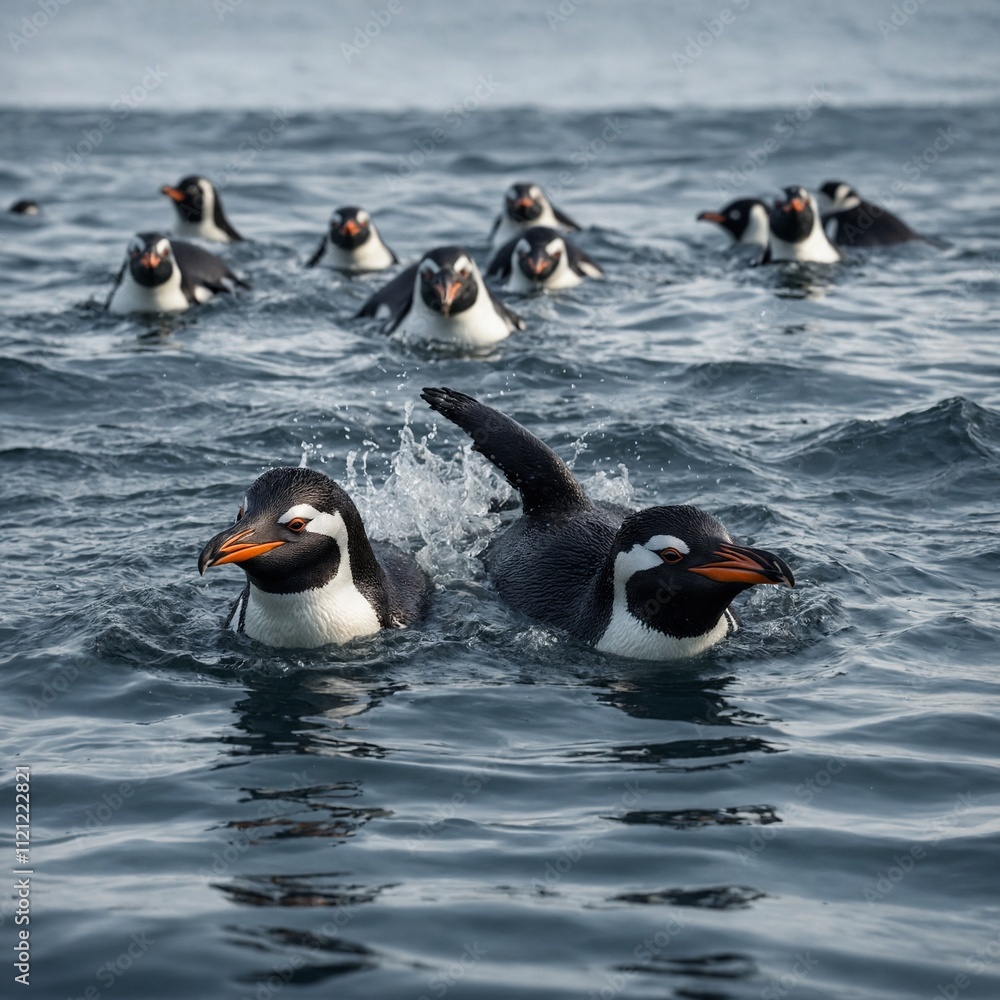 Obraz premium A group of penguins swimming swiftly through the freezing sea.