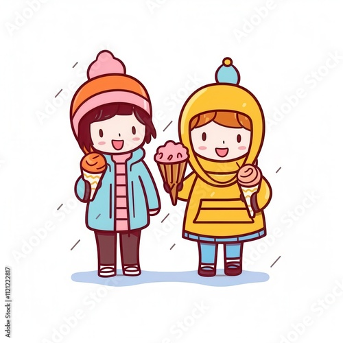 Two cheerful children, one male and one female, enjoying ice cream on a rainy day, dressed in bright winter clothing.