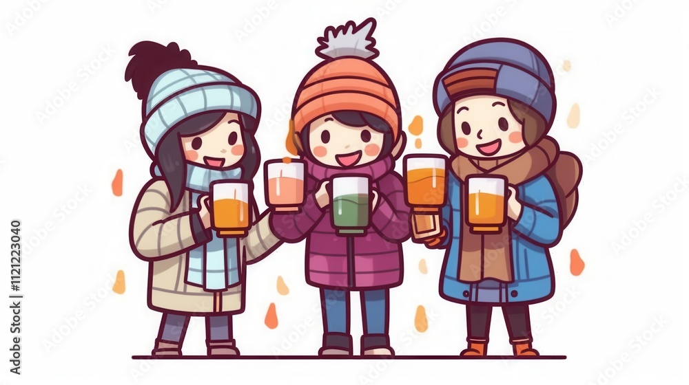Three cheerful young women, wearing colorful winter hats and coats, enjoying drinks together in a cozy setting. Three cheerful young women, wearing colorful winter hats and coats, enjoying drinks together in a cozy setting.