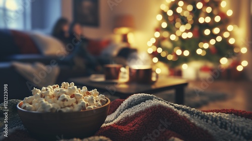 A cozy living room with a family snuggled under blankets watching a Christmas movie.