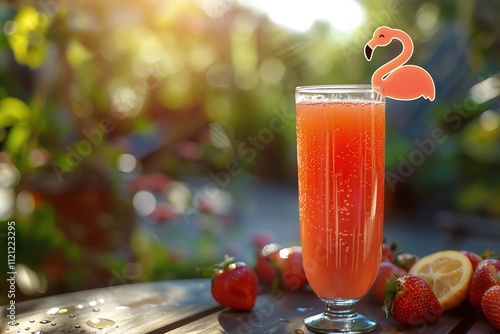 Refreshing strawberry drink with flamingo garnish.