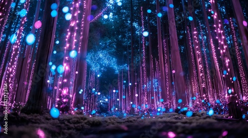 A magical forest filled with towering trees that emit soft, radiant light in shades of purple, blue, and pink.