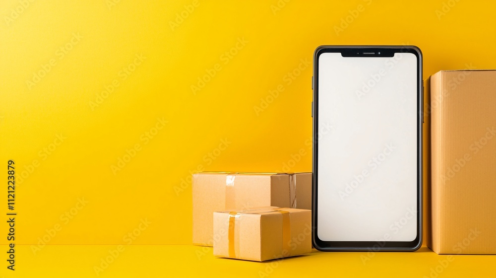 Smartphone beside cardboard boxes on a vibrant yellow background, ideal for e-commerce visuals. Smartphone beside cardboard boxes on a vibrant yellow background, ideal for e-commerce visuals.