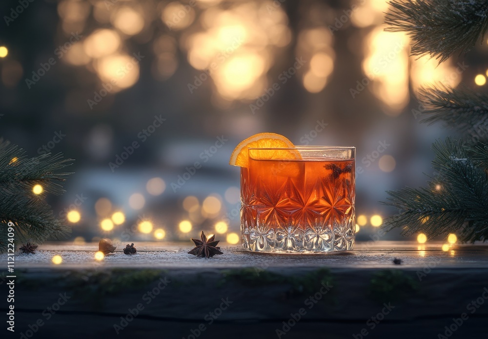 A Glimmering Orange Slice Garnished Cocktail Glass Against a Soft Focus Sunset with Sparkling Lights and Pine Branches in a Cozy Winter Setting A Glimmering Orange Slice Garnished Cocktail Glass Against a Soft Focus Sunset with Sparkling Lights and Pine Branches in a Cozy Winter Setting