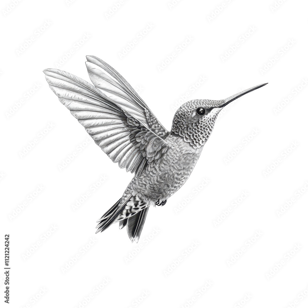 Obraz premium Detailed Sketch of a Hummingbird in Flight Capturing the Beauty of Nature's Design