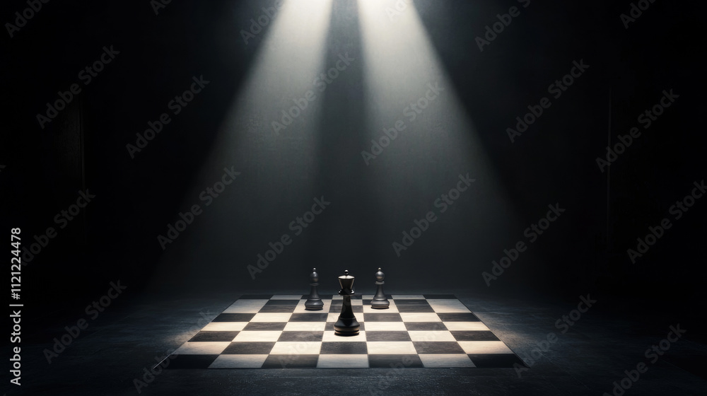 Obraz premium Chessboard in black space under spotlight, with carefully arranged black and white pieces casting dramatic, elongated shadows, creating a tense, eerie atmosphere with distorted, ominous shapes.