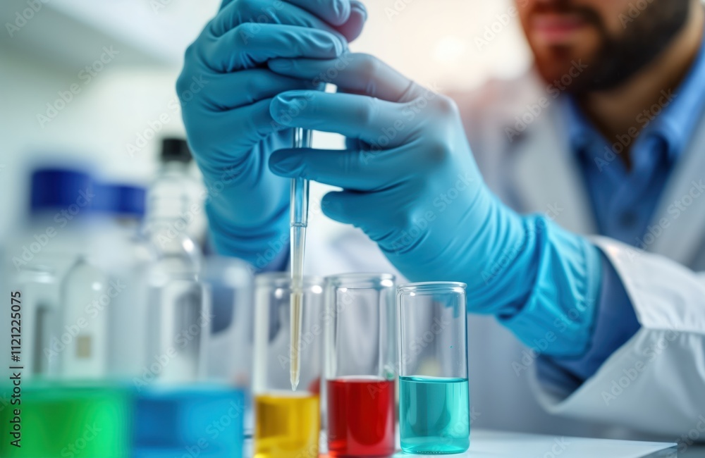 Scientist in lab coat, blue gloves uses pipette to transfer liquid to test tube. Various colored liquids in test tubes surround. Scientific research in progress. Lab environment. Focus on procedure, Scientist in lab coat, blue gloves uses pipette to transfer liquid to test tube. Various colored liquids in test tubes surround. Scientific research in progress. Lab environment. Focus on procedure,