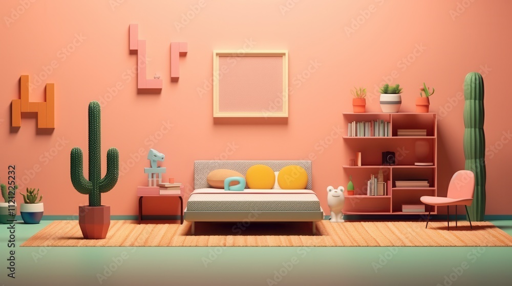 A vibrant and cozy bedroom featuring a modern bed, colorful decor, and playful accents. A vibrant and cozy bedroom featuring a modern bed, colorful decor, and playful accents.