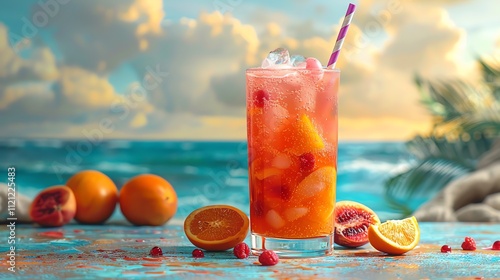 Refreshing summer cocktail with raspberries and oranges by the sea.