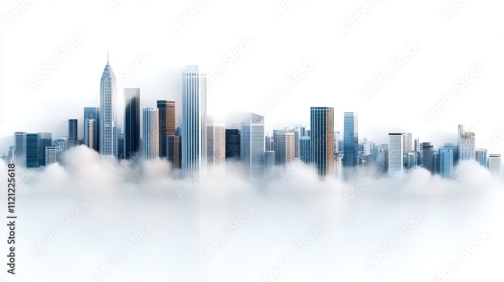 An urban landscape with skyscrapers in the fog, a modern metropolis with high-rise buildings above the clouds. Minimalistic architectural look with a haze effect. An urban landscape with skyscrapers in the fog, a modern metropolis with high-rise buildings above the clouds. Minimalistic architectural look with a haze effect.