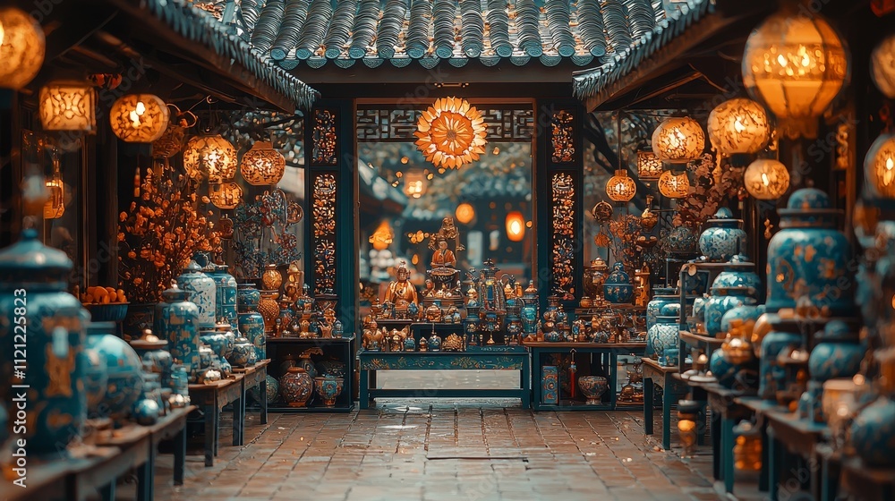 Obraz premium Vibrant marketplace filled with intricate lanterns and decorative pottery