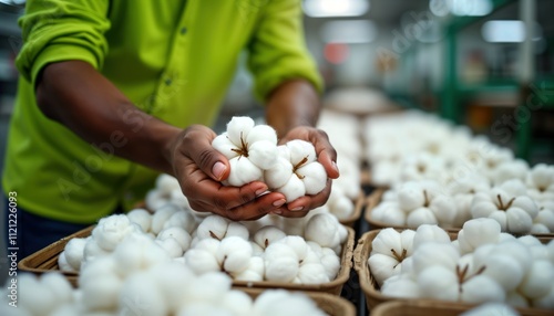 Person carefully handles harvested cotton bolls. Cotton processing stage. Fair trade principles visible in image. Focus on sustainable agriculture. Worker inspects quality of crop. Ethical production