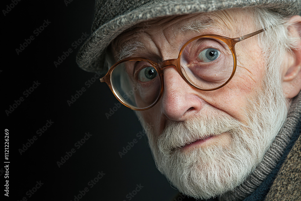 Elderly Caucasian man with glasses and a hat, gazing intently. His white beard and vintage style add character, set against a dark background creating a thoughtful atmosphere. Elderly Caucasian man with glasses and a hat, gazing intently. His white beard and vintage style add character, set against a dark background creating a thoughtful atmosphere.