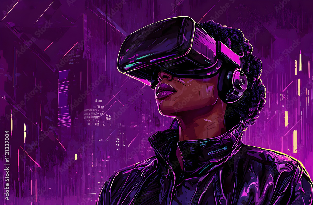 Woman in VR headset, futuristic city backdrop. Woman in VR headset, futuristic city backdrop.