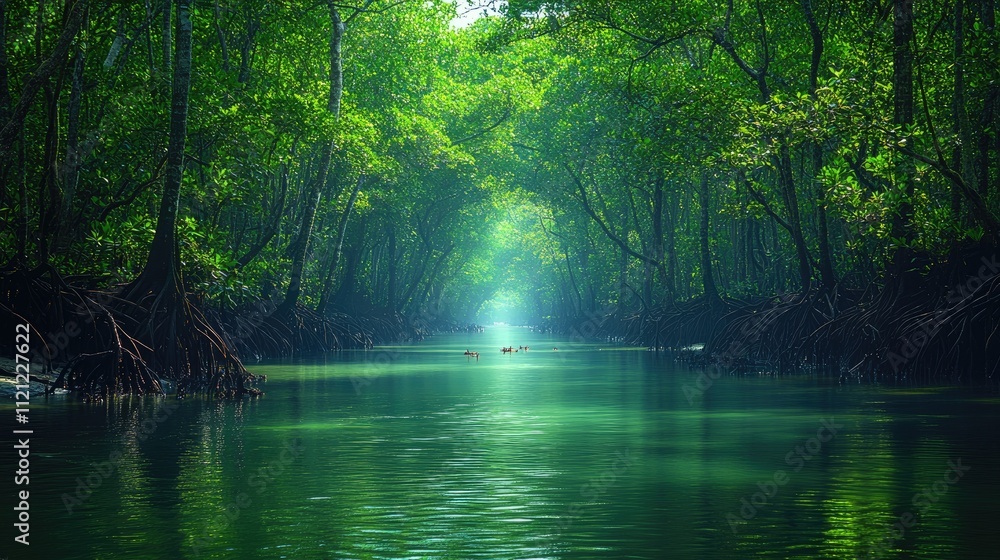 Intricate Mangrove Roots Along a Serene River Intricate Mangrove Roots Along a Serene River