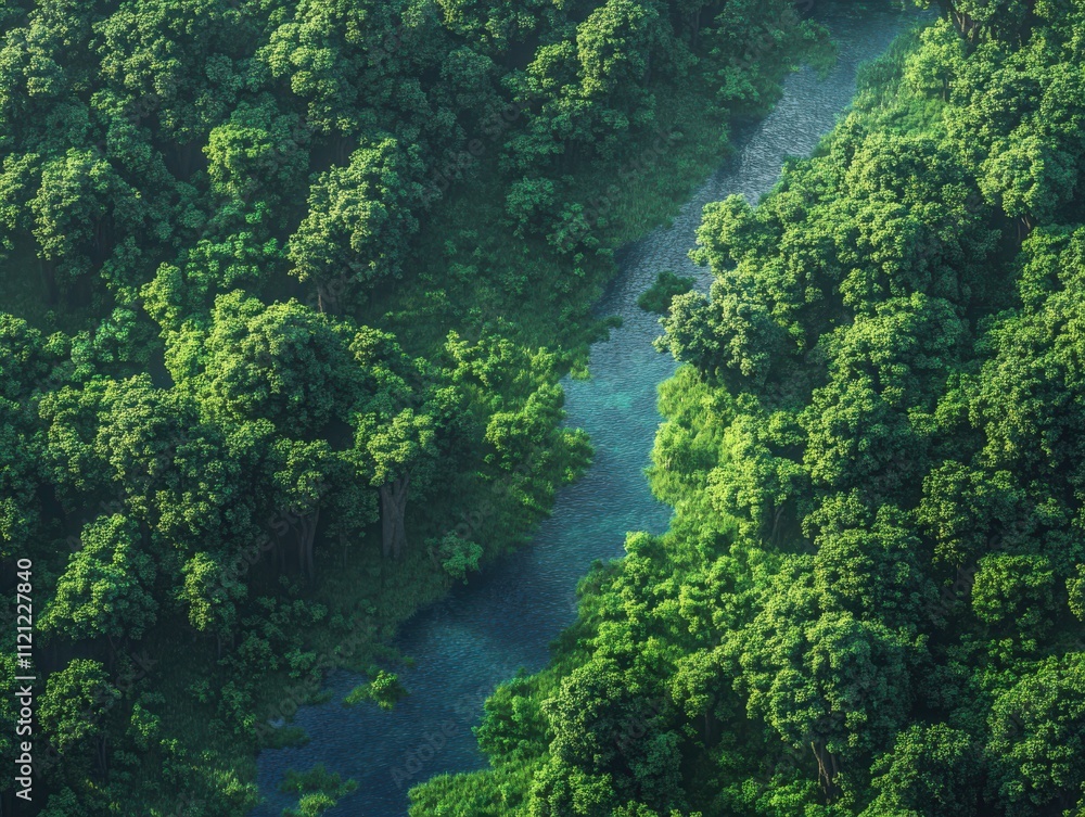 Aerial View of Lush Green Forest Surrounding a Serene River, Capturing the Beauty of Untouched Nature and Vibrant Vegetation in a Tranquil Environment Aerial View of Lush Green Forest Surrounding a Serene River, Capturing the Beauty of Untouched Nature and Vibrant Vegetation in a Tranquil Environment