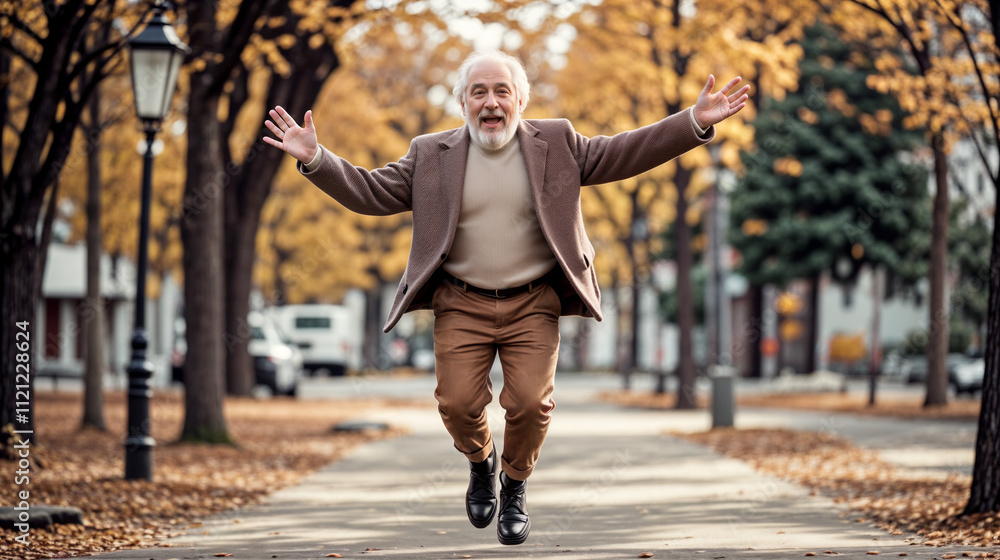 Fototapeta premium A man in a brown jacket and tan pants is jumping in the air