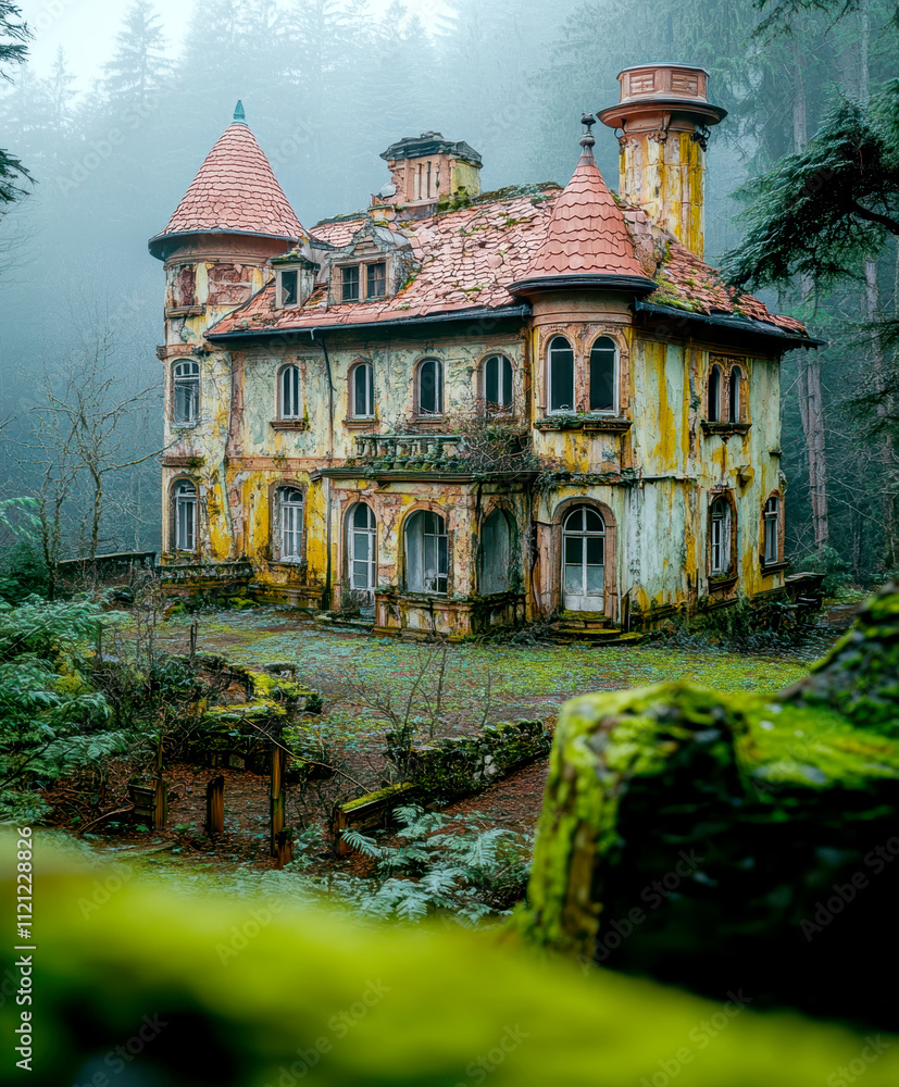 Photos of abandoned,ghostly buildings standing in the woods. AI generative. Photos of abandoned,ghostly buildings standing in the woods. AI generative.