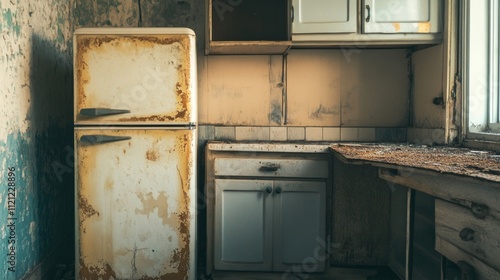 Abandoned Kitchen with Rusty Refrigerator and Worn Cabinets