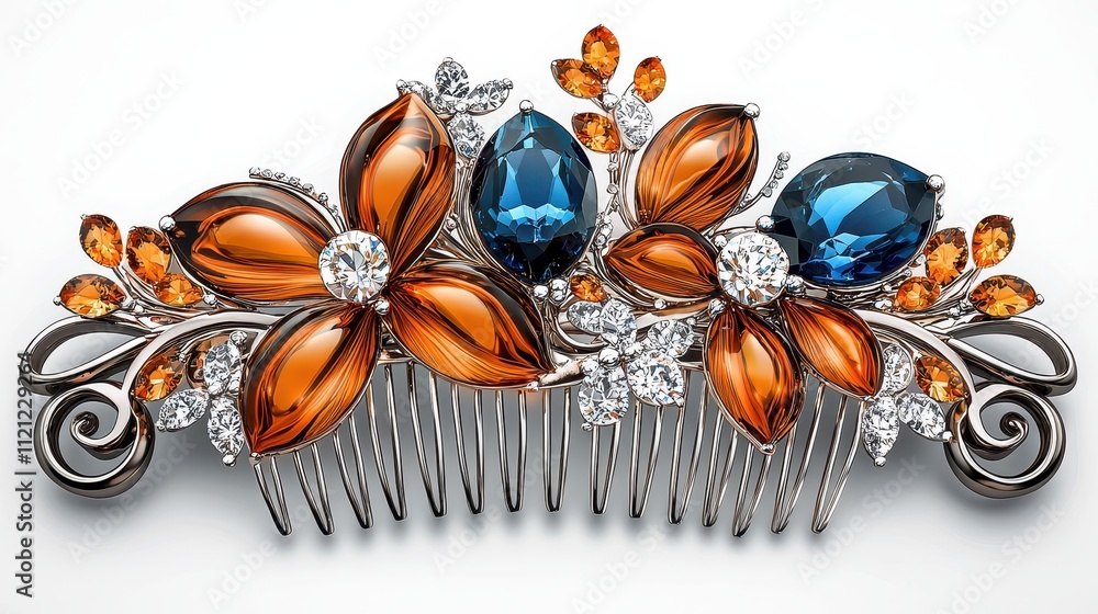 Fototapeta premium Elegant Silver Hair Comb Adorned with Topaz and Floral Design Elements