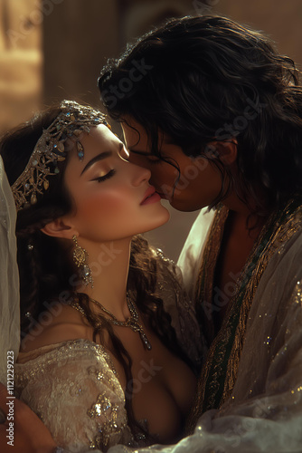 beautiful woman   , kissing the beautiful man , desert , photorealistic , cinematic light , aesthetics of an oriental fairy tale