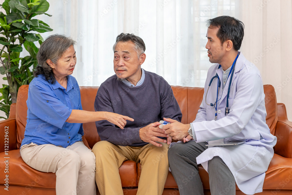 custom made wallpaper toronto digitalsenior couple talking with health care personal at home,a nurse or doctor having measure pulse oximeter old patient,elderly health care,personal care services,home health care