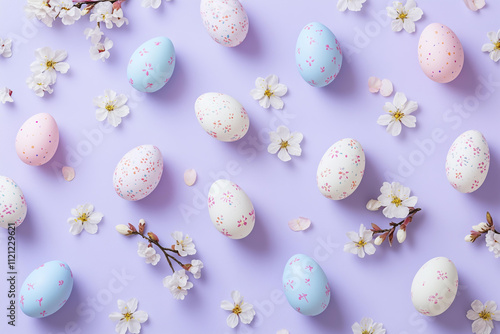 isometric pattern of painted easter eggs and blossom, on a pastel lilac background photo