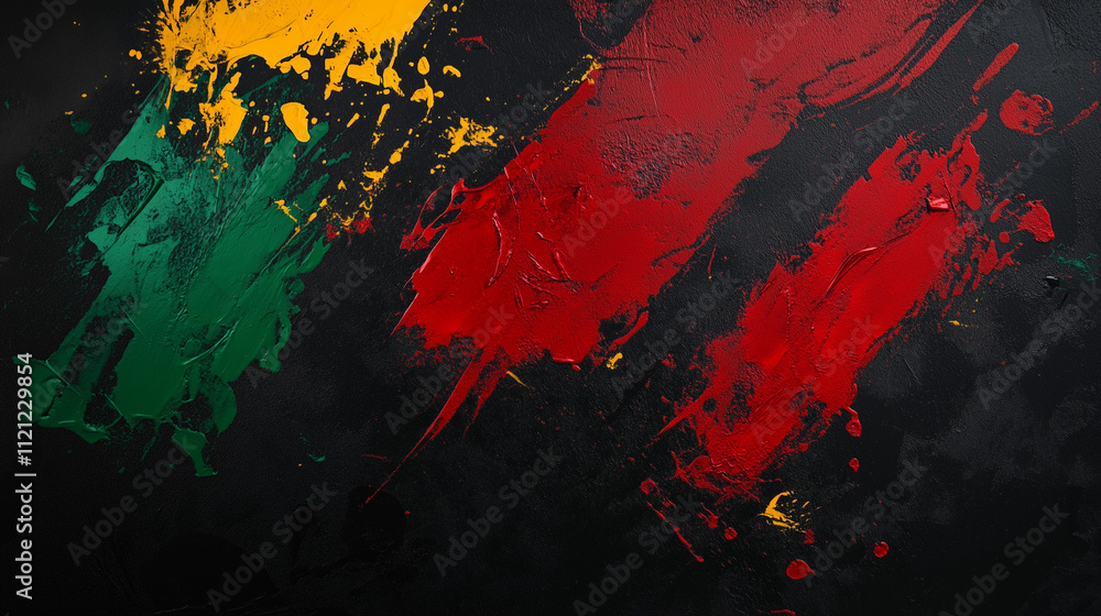 Abstract strokes of red, yellow, and green paint on a black background, symbolizing the Pan-African flag and honoring Black History Month. Abstract strokes of red, yellow, and green paint on a black background, symbolizing the Pan-African flag and honoring Black History Month.