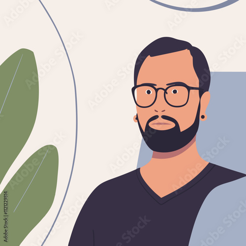 Young man with beard and glasses. Vector illustration in flat style.