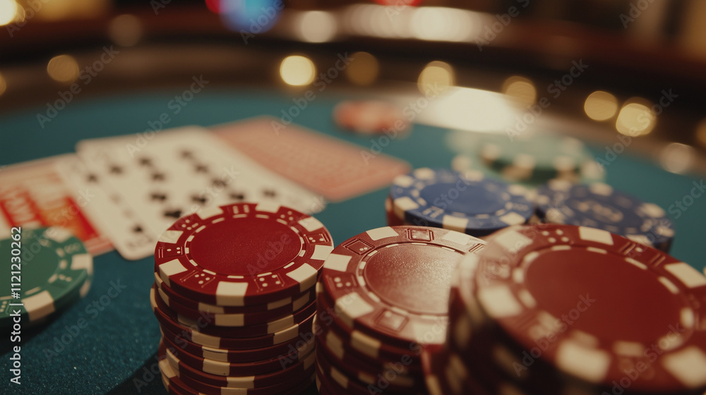 A close up of poker chips and playing cards on a casino table, symbolizing gambling, strategy, and entertainment. A close up of poker chips and playing cards on a casino table, symbolizing gambling, strategy, and entertainment.