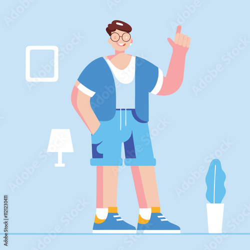 Man in casual clothes standing on the floor and showing finger up. Vector illustration