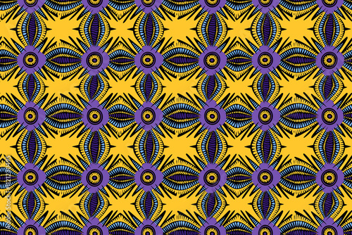 Seamless yellow and purple african wax cloth style pattern