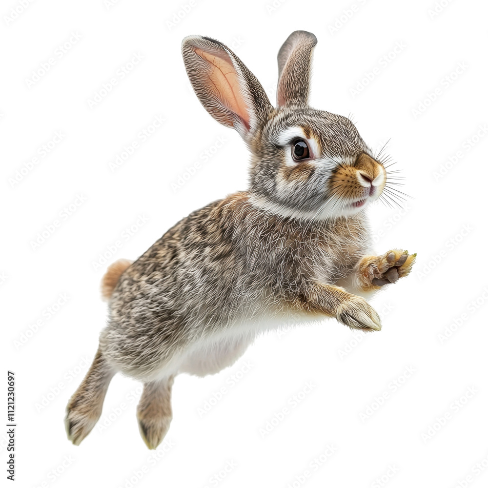 Obraz premium Playful Brown Rabbit in Mid-Jump Captured in Stunning Detail Against a White Background