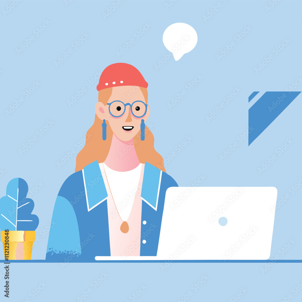 Freelance woman working on laptop. Vector illustration in flat style Freelance woman working on laptop. Vector illustration in flat style