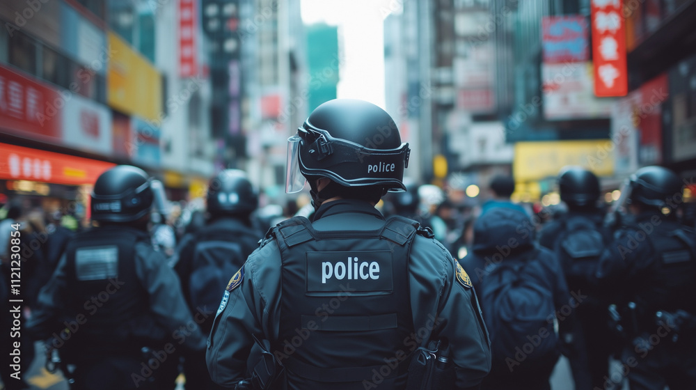 Helmeted police officers in tactical gear stand in formation on a busy city street during a daytime protest. Helmeted police officers in tactical gear stand in formation on a busy city street during a daytime protest.