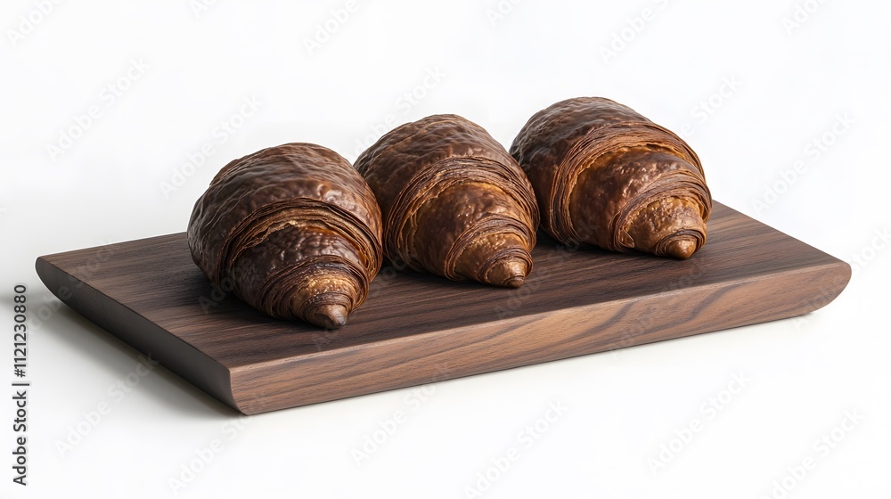 Freshly Baked Chocolate Drizzled Croissants on a Wooden Board Freshly Baked Chocolate Drizzled Croissants on a Wooden Board
