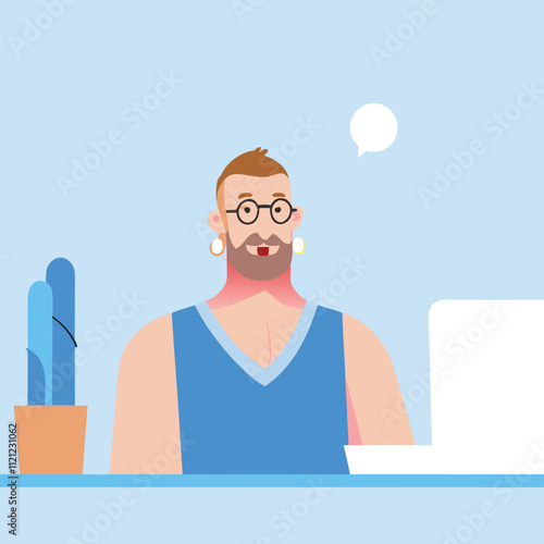 Vector illustration of a man in a blue T-shirt and glasses sitting at a desk with a laptop.
