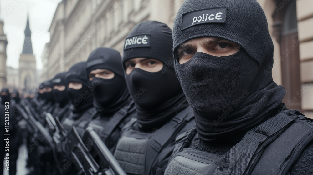 Close up of a row of armed police officers wearing black balaclavas and tactical gear, lined up in an urban setting during a public demonstration. Close up of a row of armed police officers wearing black balaclavas and tactical gear, lined up in an urban setting during a public demonstration.