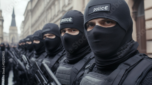 Close up of a row of armed police officers wearing black balaclavas and tactical gear, lined up in an urban setting during a public demonstration. photo