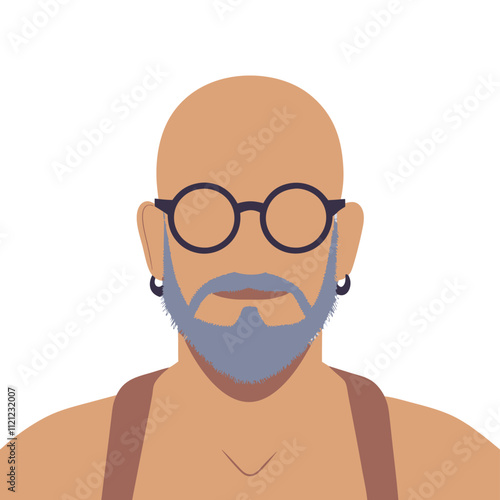 Vector illustration of a bald man with glasses and a beard. Flat style.