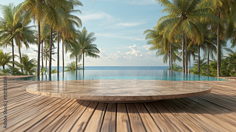 Fototapeta premium A tranquil pool area features a round wooden deck and palm trees, while the calm ocean stretches into the horizon under a clear blue sky